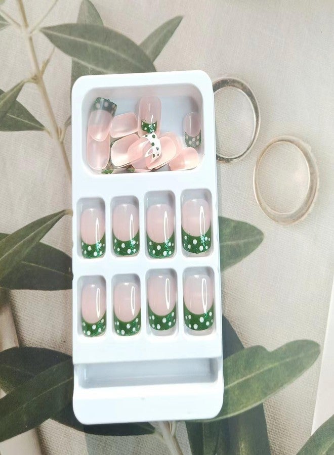 KRTBKR St Patrick's Day Press on Nails Short Square Fake Nails White Dots with Green Glitter Full Cover Tip Stick on Nails Shamrock Nude Nails Designs Glue on Nails Acrylic False Nails for Women DIY Irish - Image 5